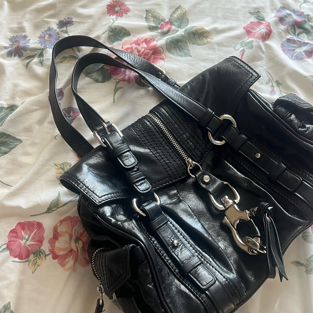 Francesco Biasia Black Leather Tote with Silver Accents